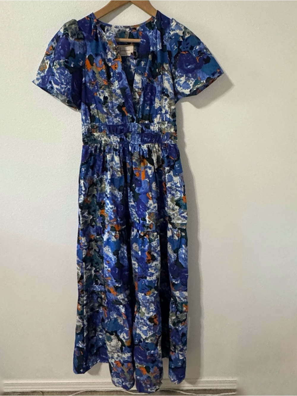 Anthropologie The Somerset Maxi Dress Blue Floral Abstract Short Sleeve Tier-XS - Picture 2 of 10